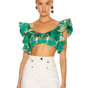ALEXIS *Hoshi* jade green floral crop ruffle top L